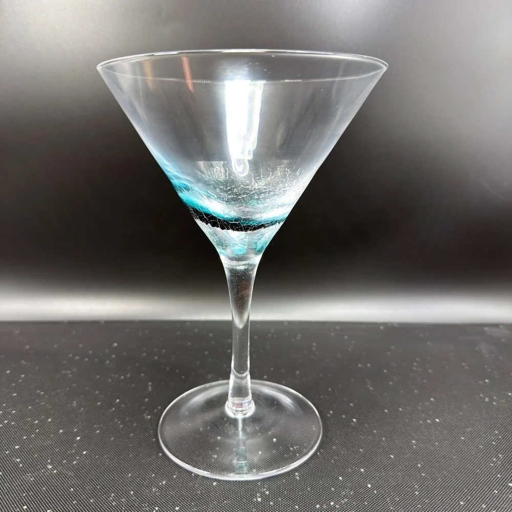 Pier 1 Teal Blue Crackle Glass Martini Glass 7 Inch Barware‎ Single Cup Stem VTG